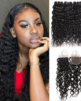 Peruvian Hair Water Wave 3 Bundles With Lace Closure