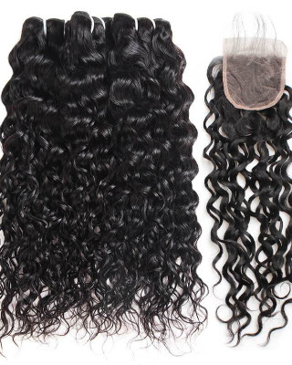 Peruvian Hair Water Wave 3 Bundles With Lace Closure