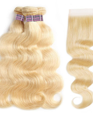 613 Blonde Hair Body Wave 3 Bundles With Lace Closure Hair